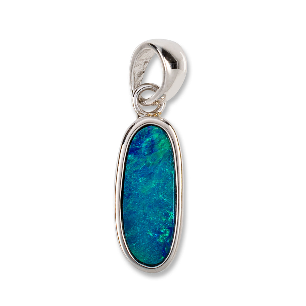 oval silver pendant with blue and green opal 