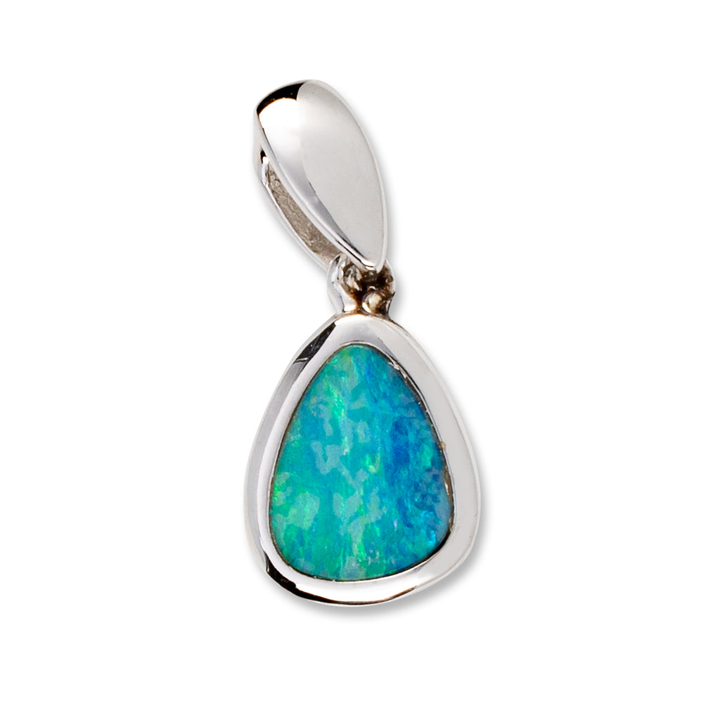 triangular silver pendant with blue and green opal 
