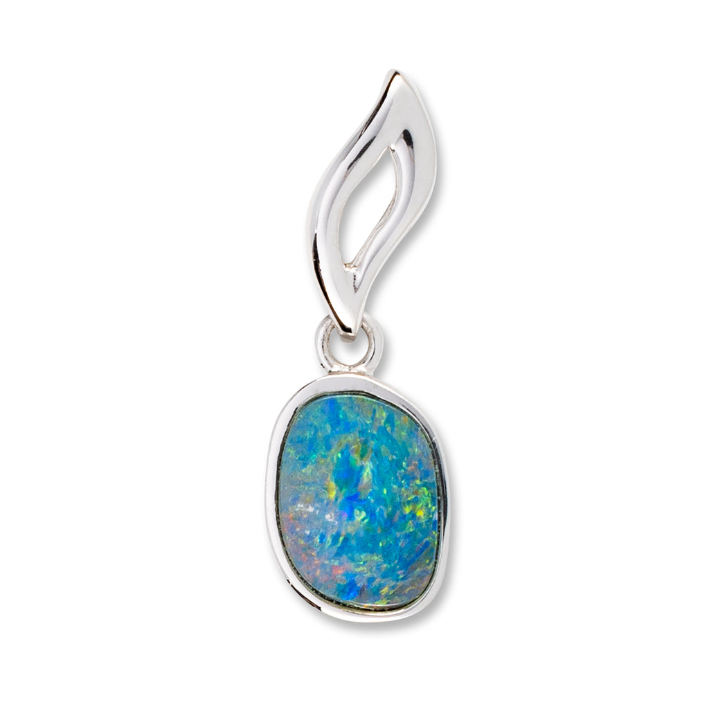 round silver pendant with blue and green opal