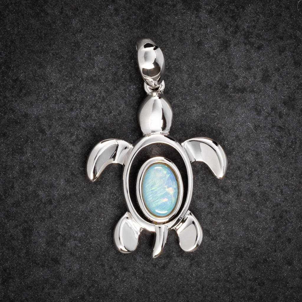 silver turtle pendant with blue opal 