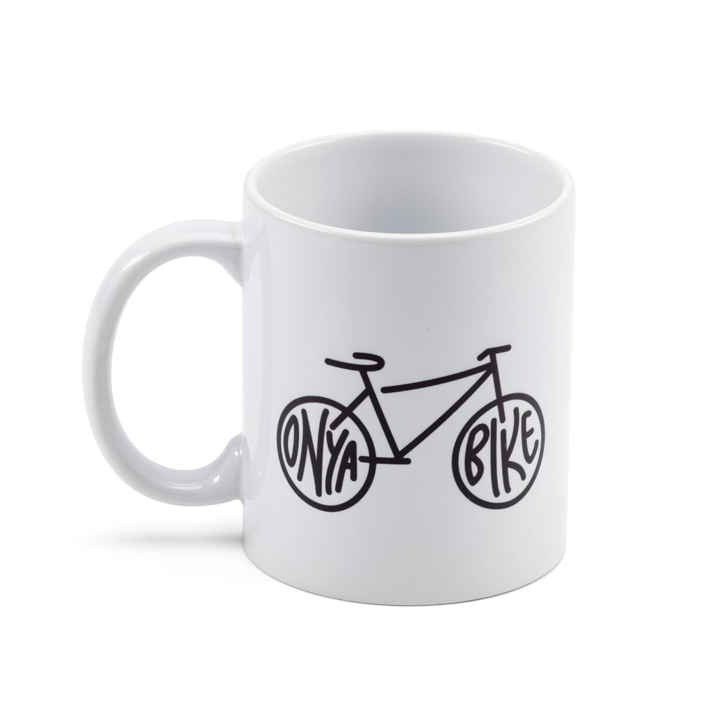 white mug with bicycle reading onya bike 