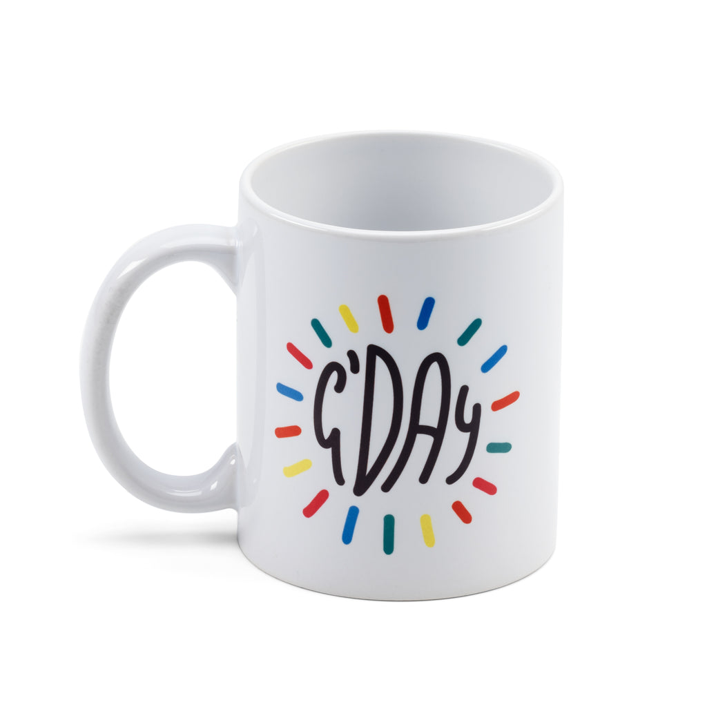 white mug with rainbow lines reading g'day 