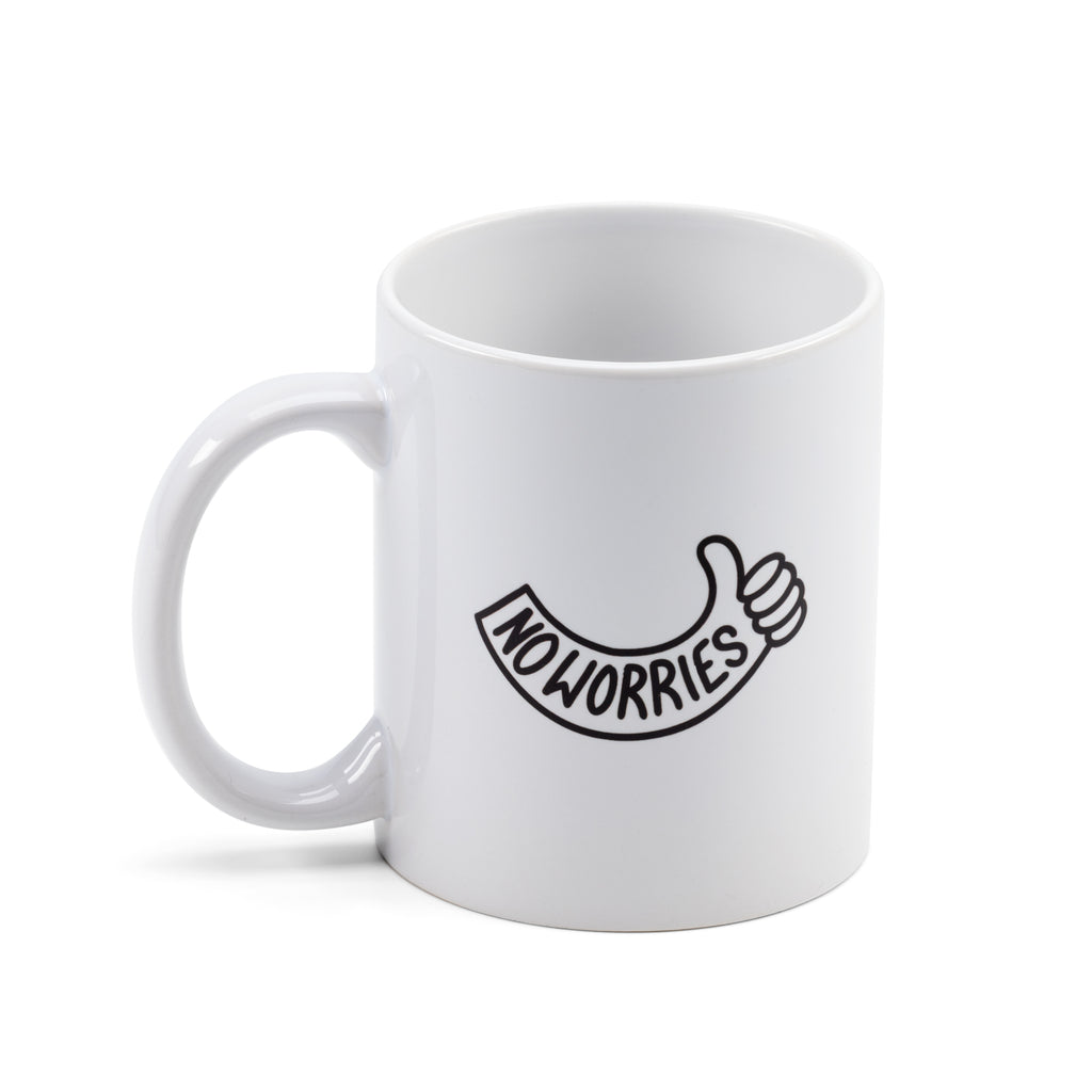 white mug with thumbs up reading no worries 