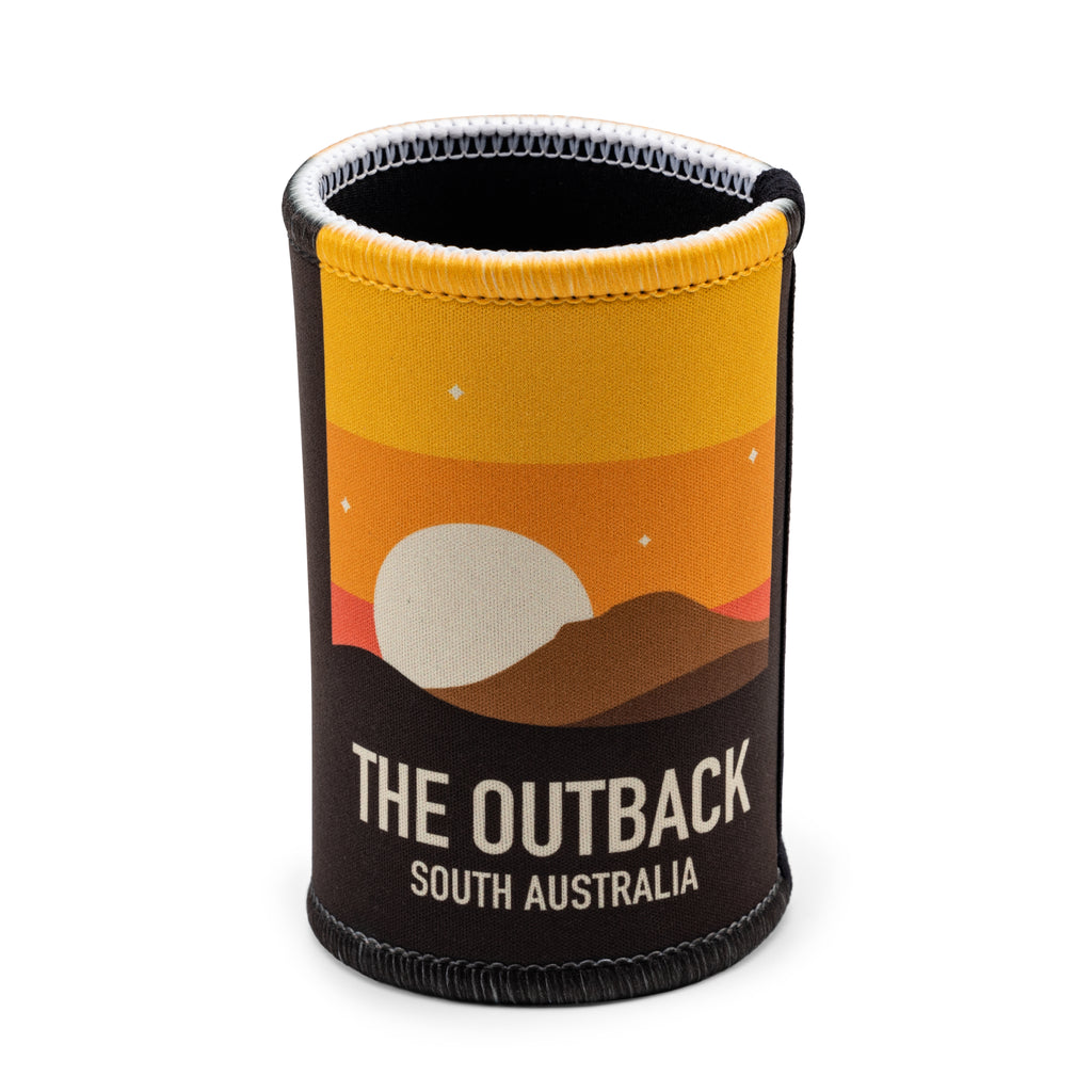 yellow sunset stubby holder with the outback south australia text 