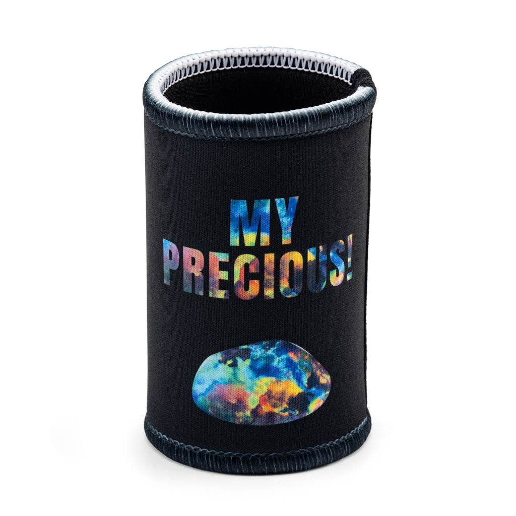 black stubby holder with rainbow text reading my precious! with image of opal 