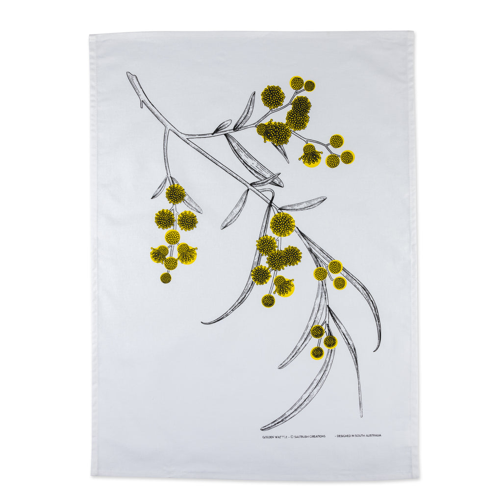 white tea towel with yellow vinage watlle 