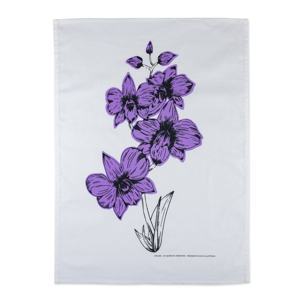 white tea towel with purple orchid 