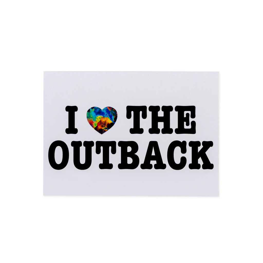post card with I love the outback with a rainbo heart 