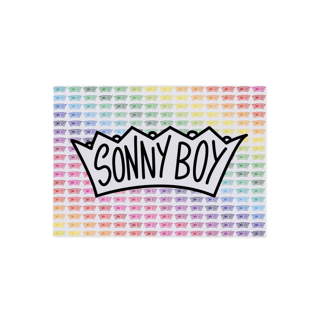 rainbow card with crown encasing text reading sonny boy 