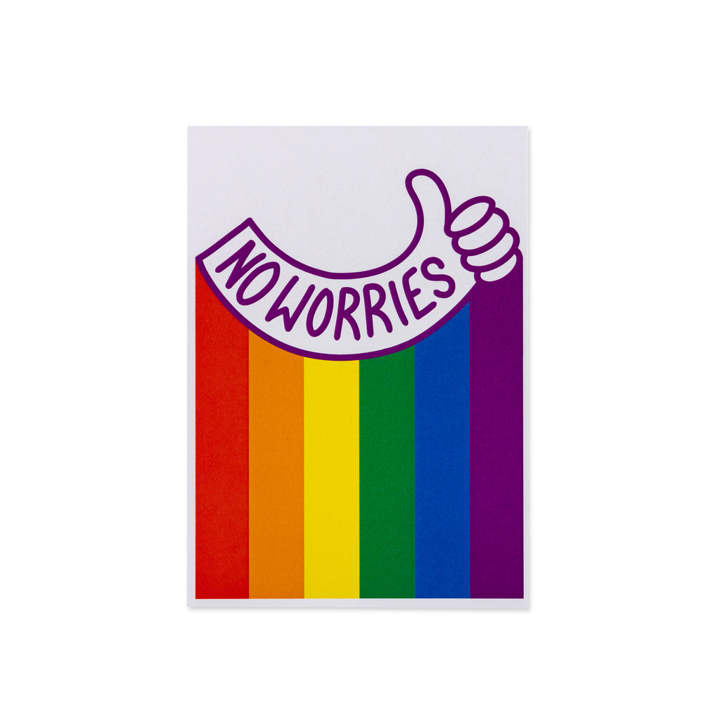 rainbow post card with thumbs up with text reading no worries 