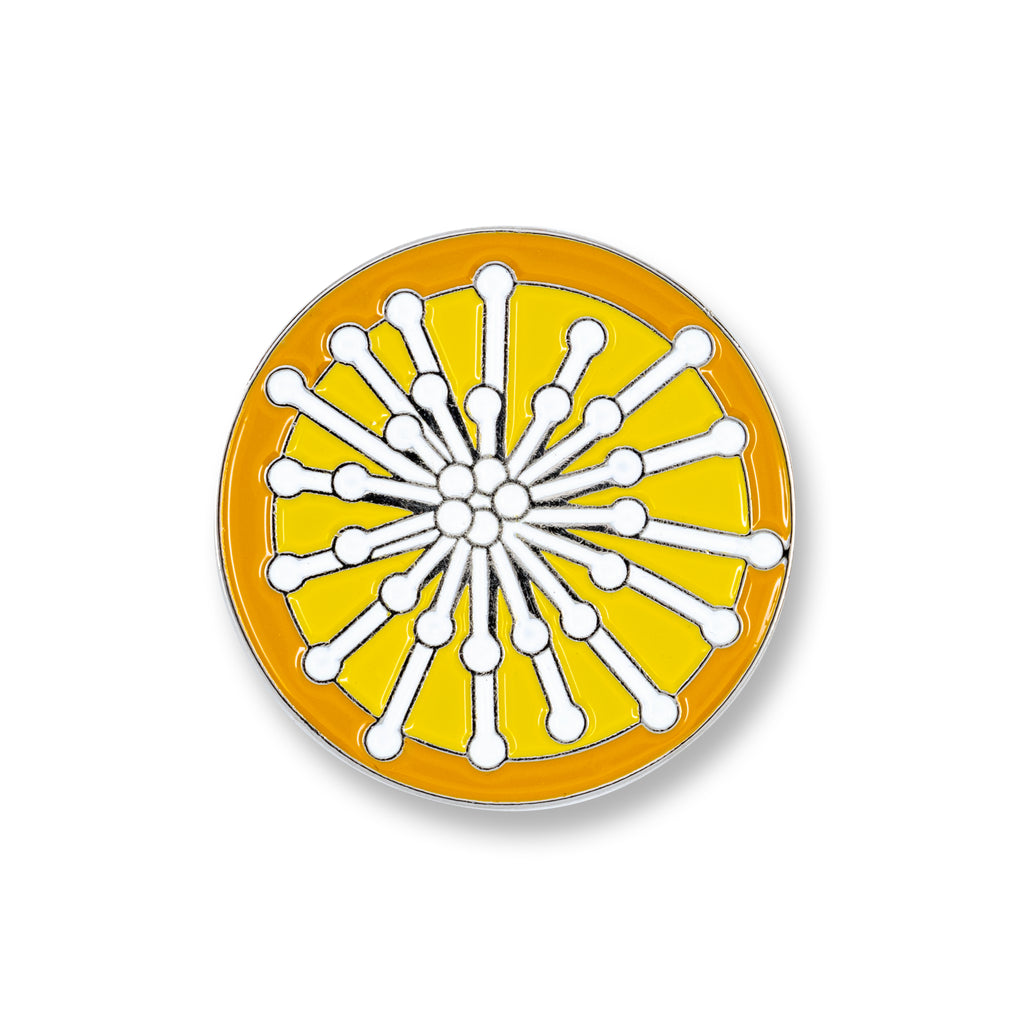 round yellow white and orange lapel pin with wattle 