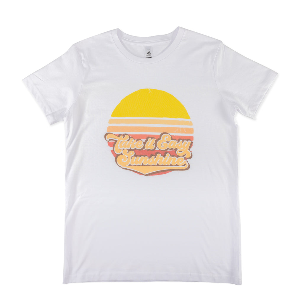 white t shirt with pink and yellow sun reading take it easy sunshine