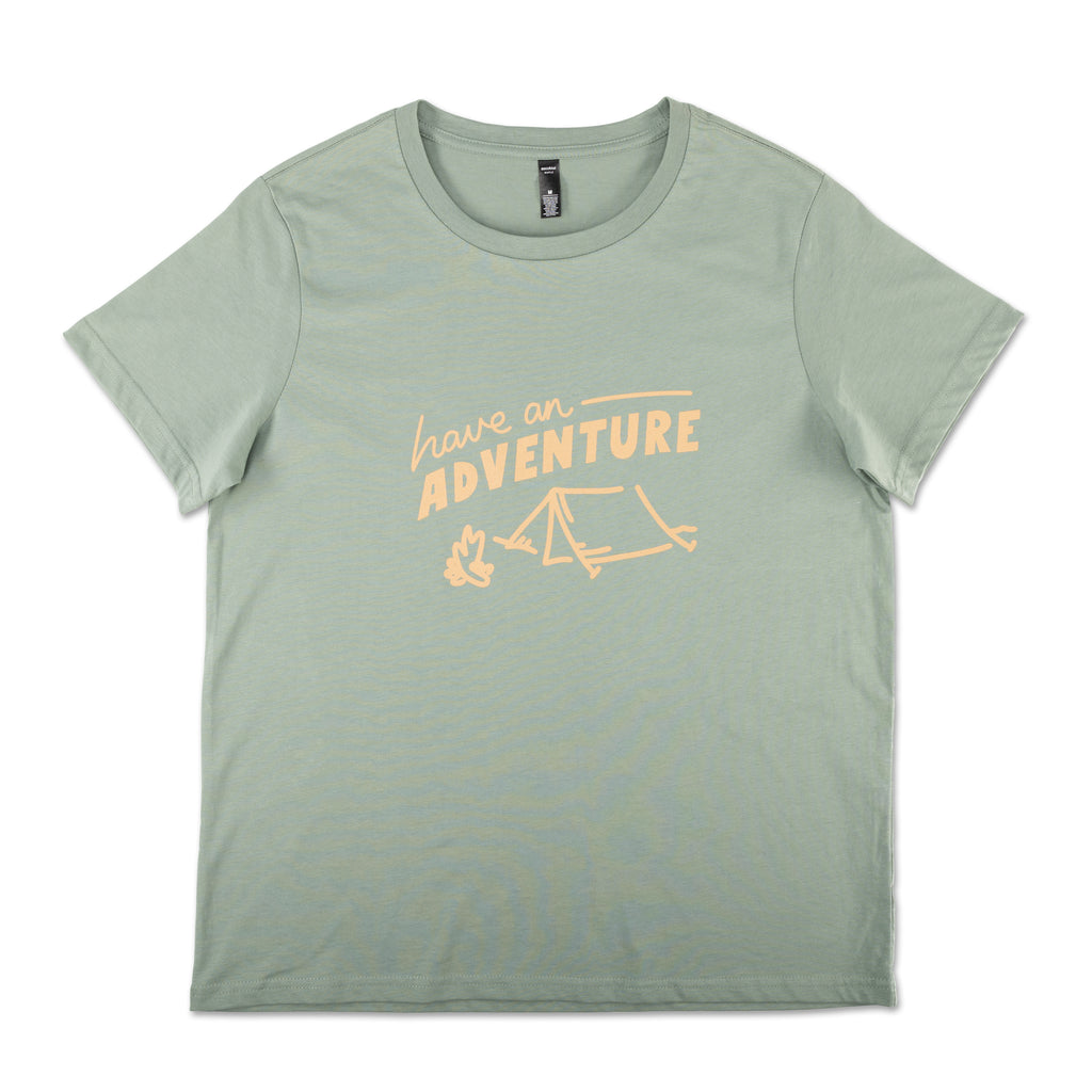 green t shirt with orange writing reading have an adventure with sketch of a tent 