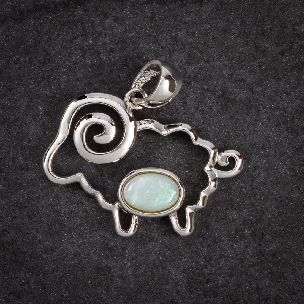 silver sheep pendant with white opal 
